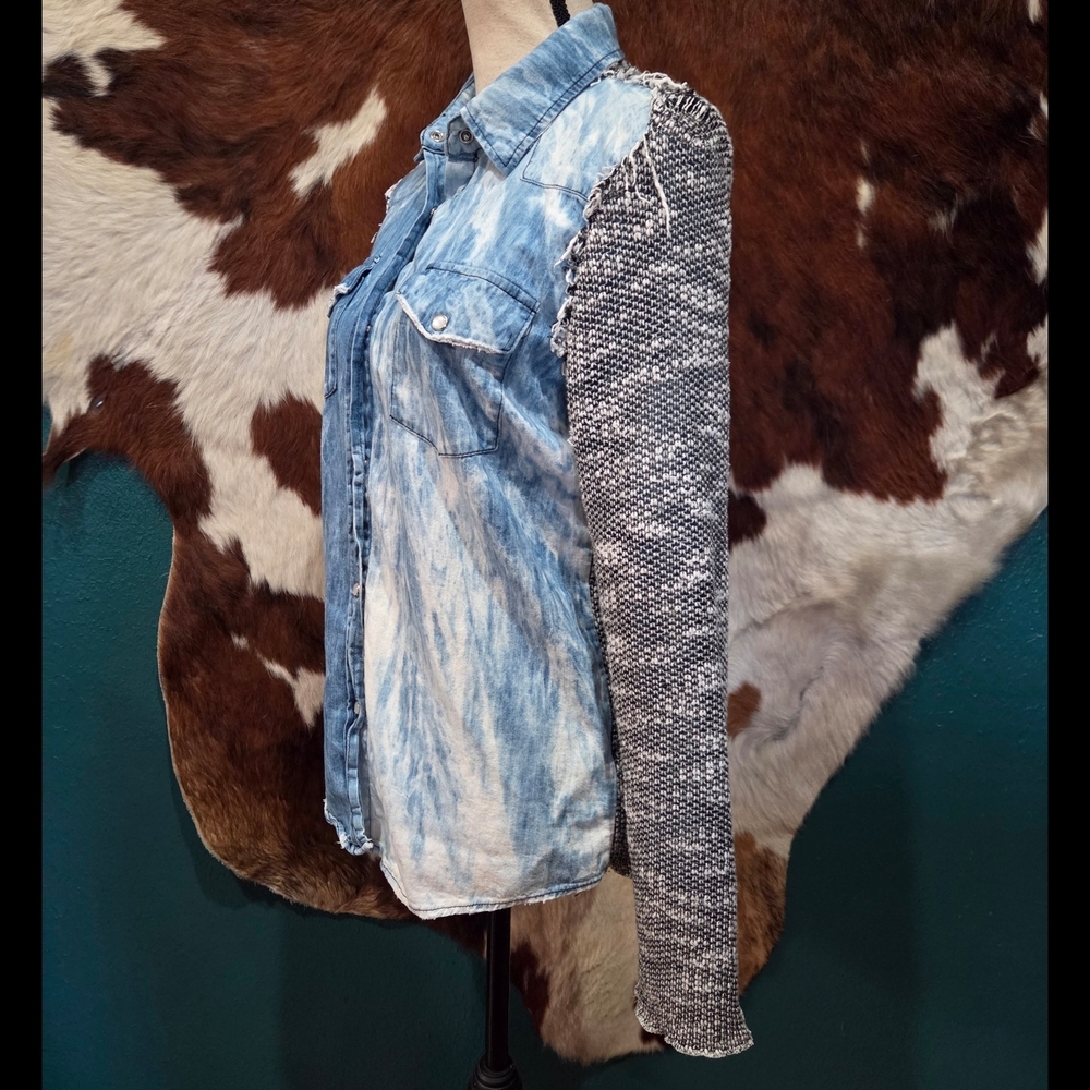 Denim and Knit Button-Up Shirt - Picture 4 of 10